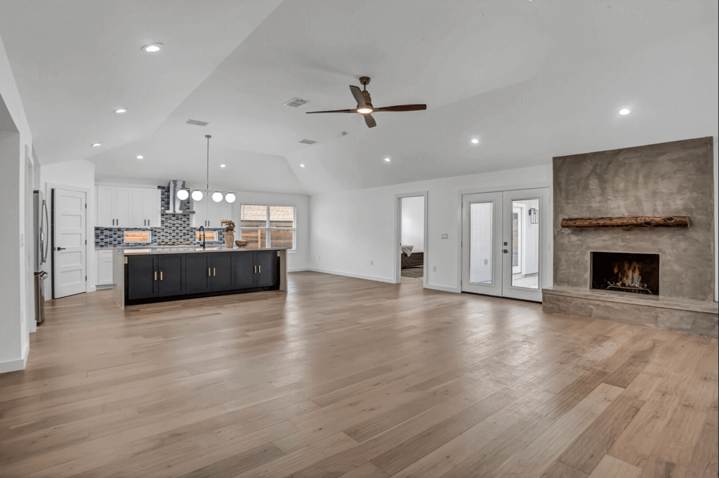 Empty living room off of kitchen in Allandale in Austin, Texas