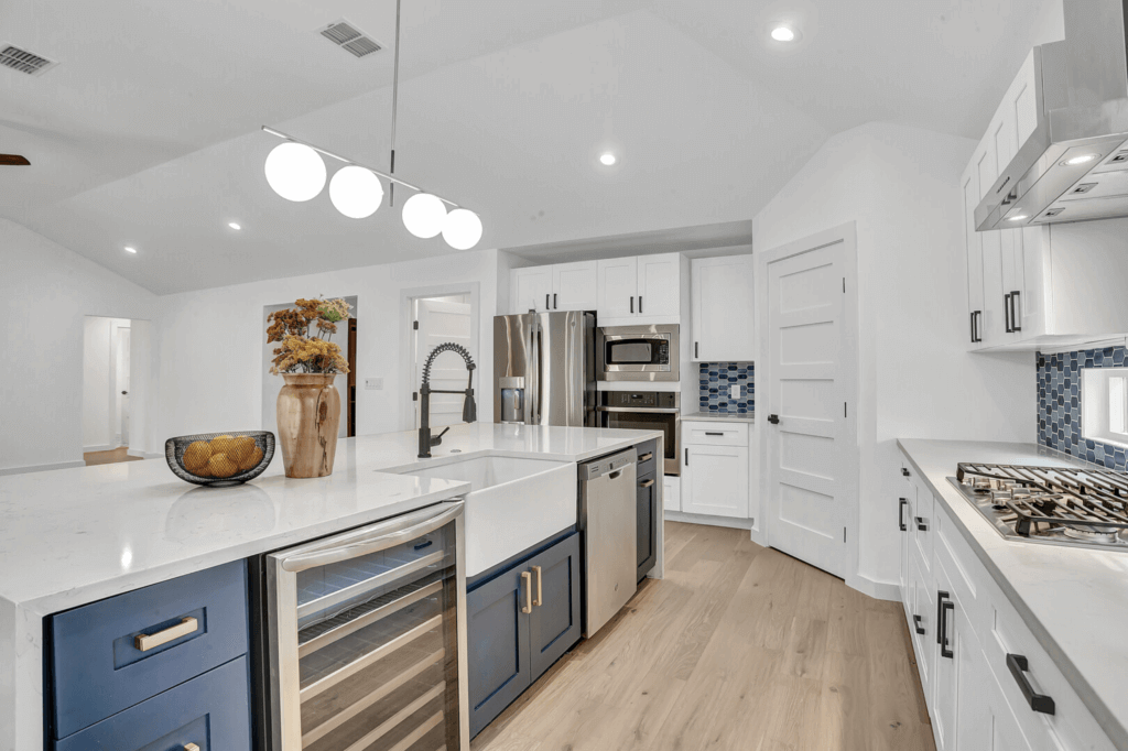 White and blue kitchen in Allandale neighborhood of Austin, Texas