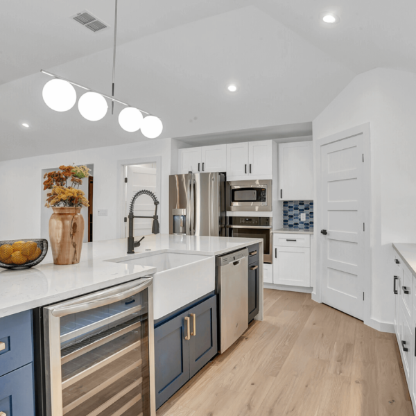 White and blue kitchen in Allandale neighborhood of Austin, Texas