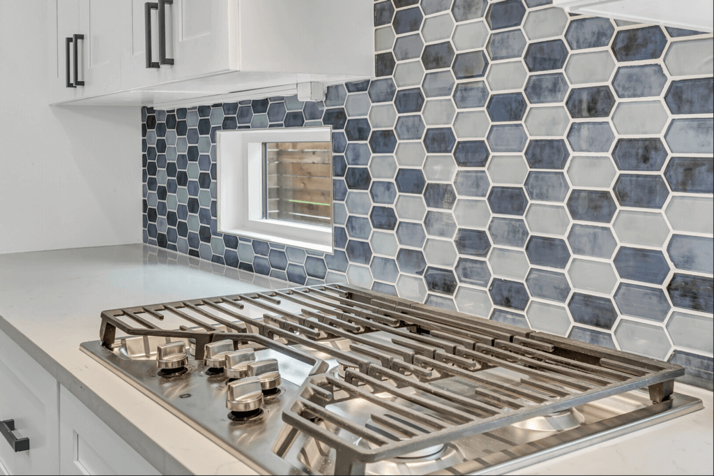 Kitchen with blue tile backsplash in Allandale, Austin, Texas
