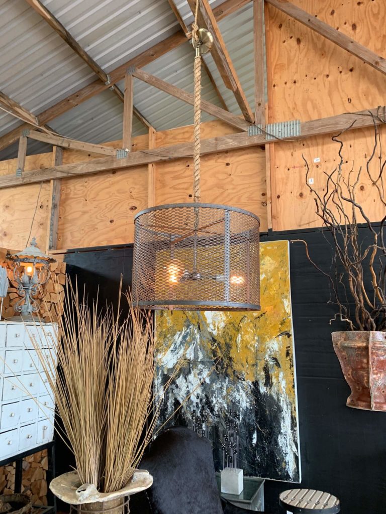 Industrial light fixture at KB Designs studio at Round Top Fall Antique Show